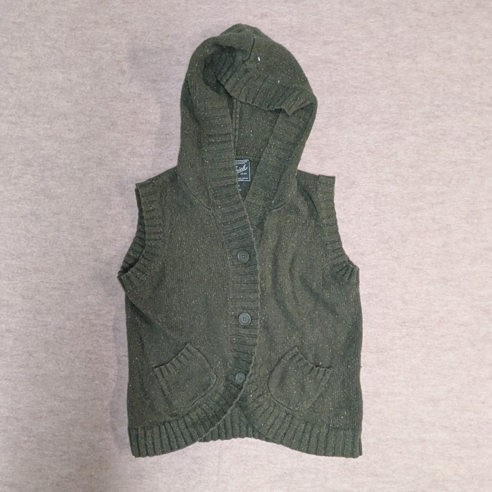 Woolrich Olive Spruce Green Sleeveless Button Hooded Cardigan Angora Size Small